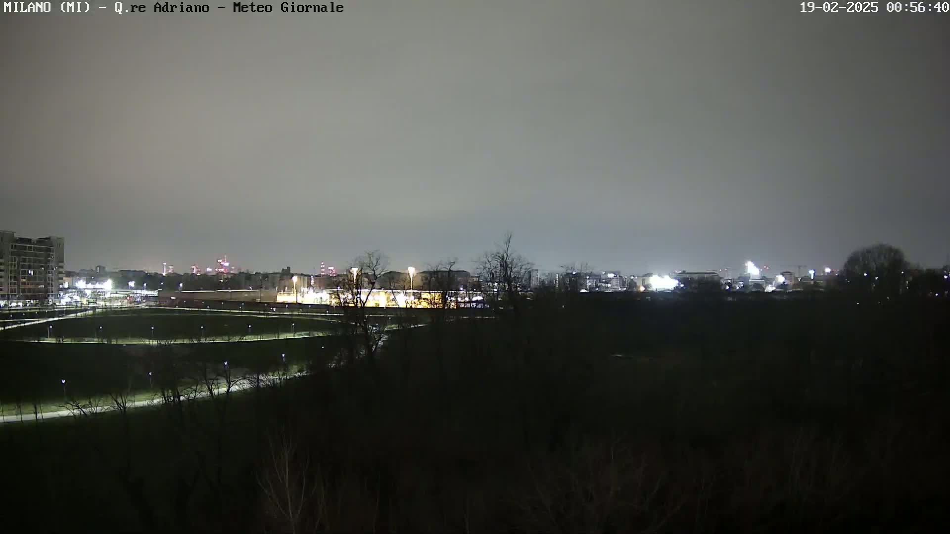 A nighttime view of a city skyline across a dark park with winding paths, under a gray, overcast sky.