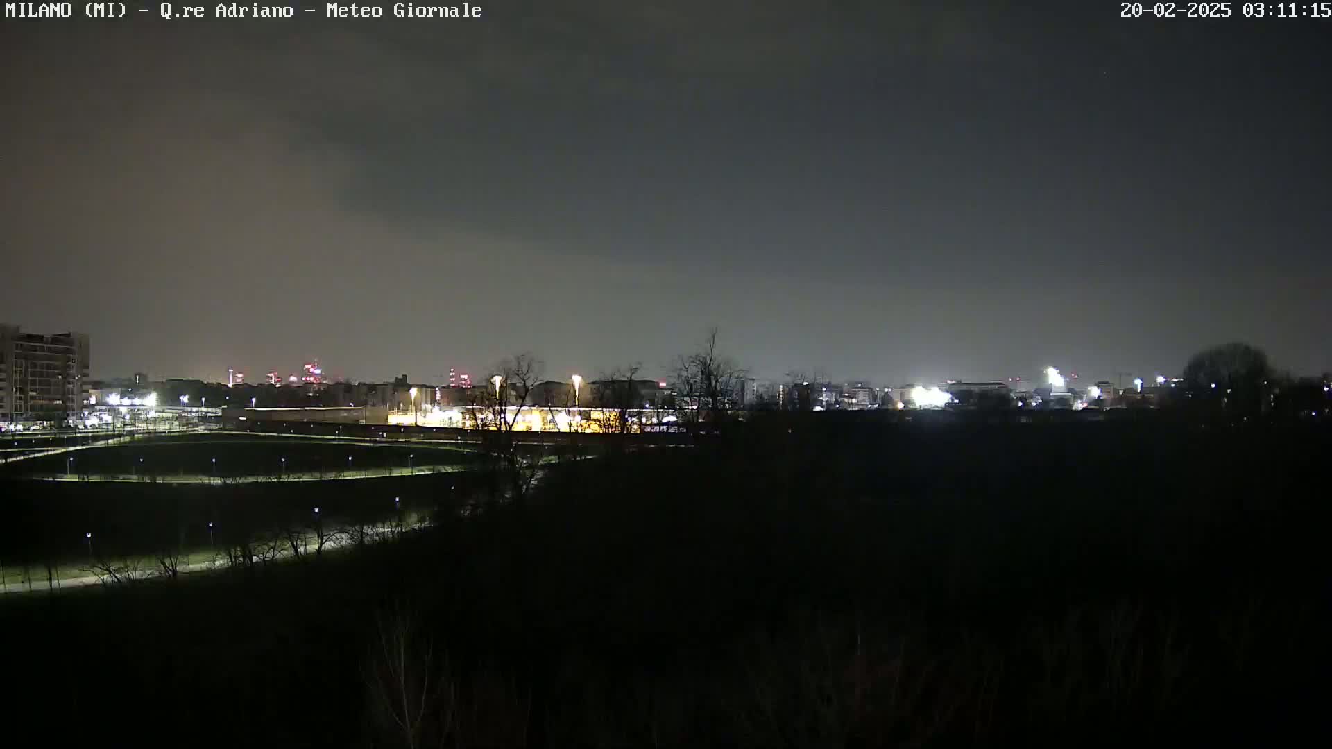 A nighttime view of a city skyline across a dark, tree-lined park under a cloudy sky.