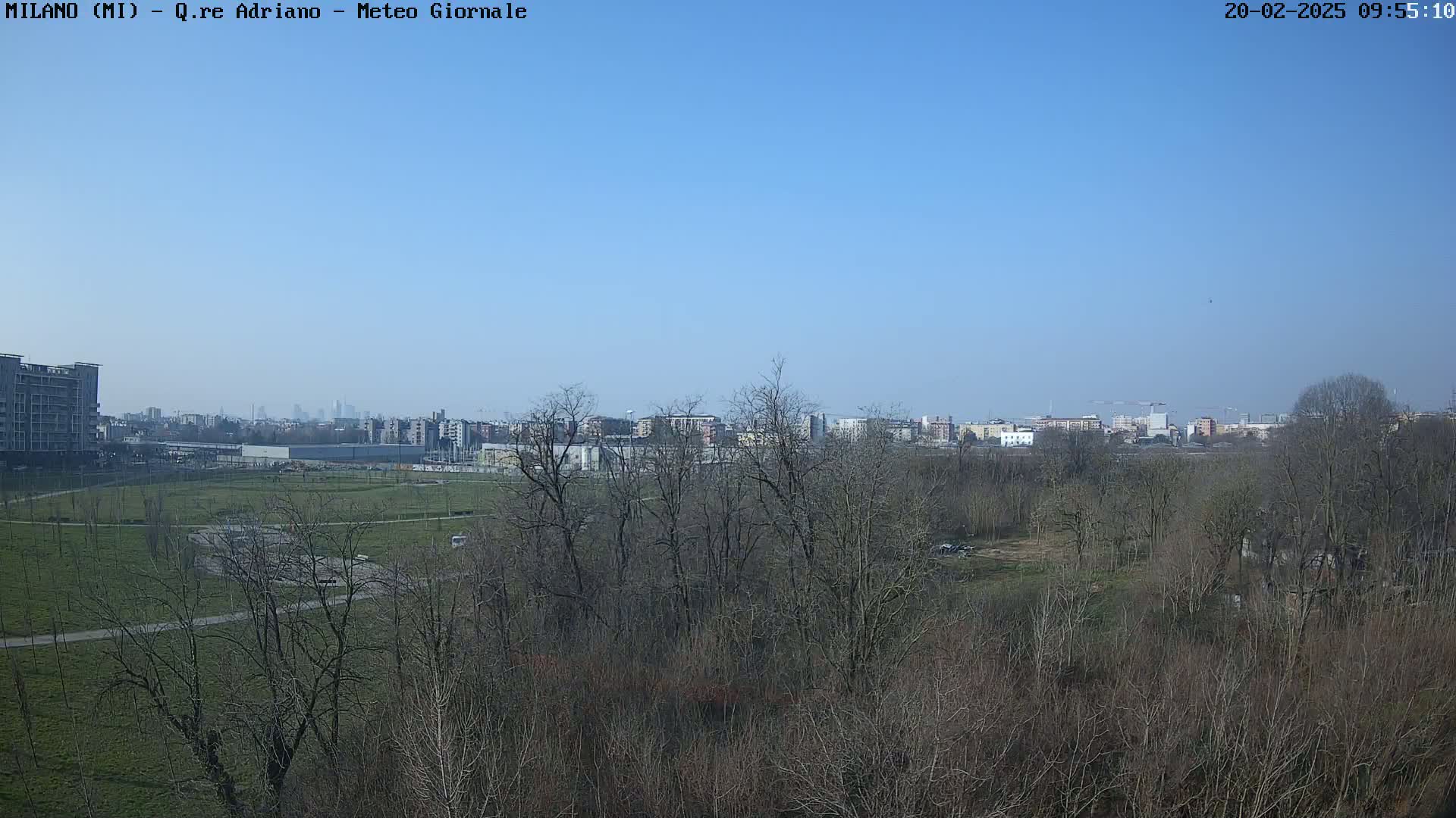 A view of a city skyline on a clear, sunny day, seen from across a mostly barren, wintery park with leafless trees.
