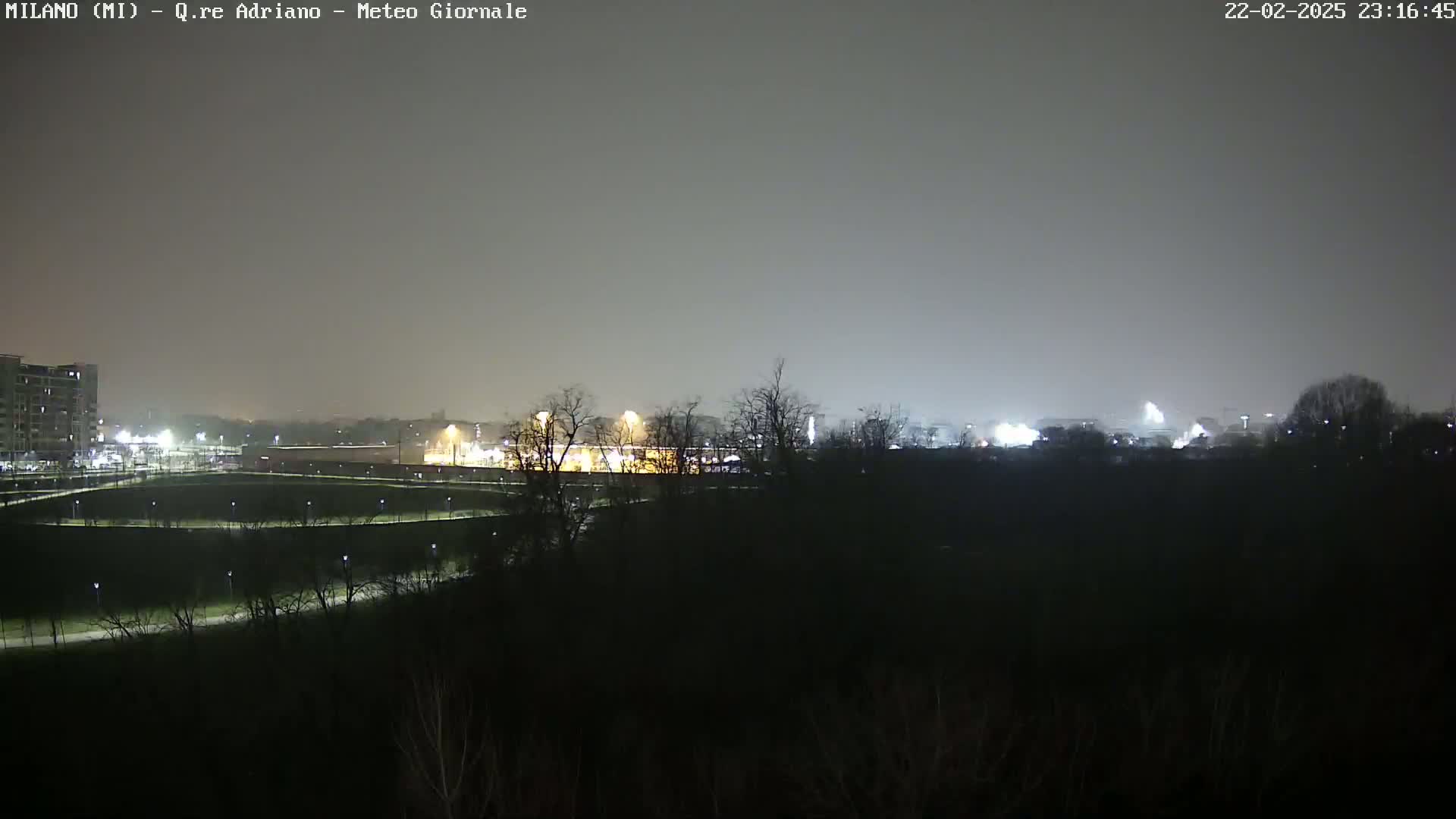 A nighttime view of a city park with dimly lit buildings and trees in the background under a hazy sky.