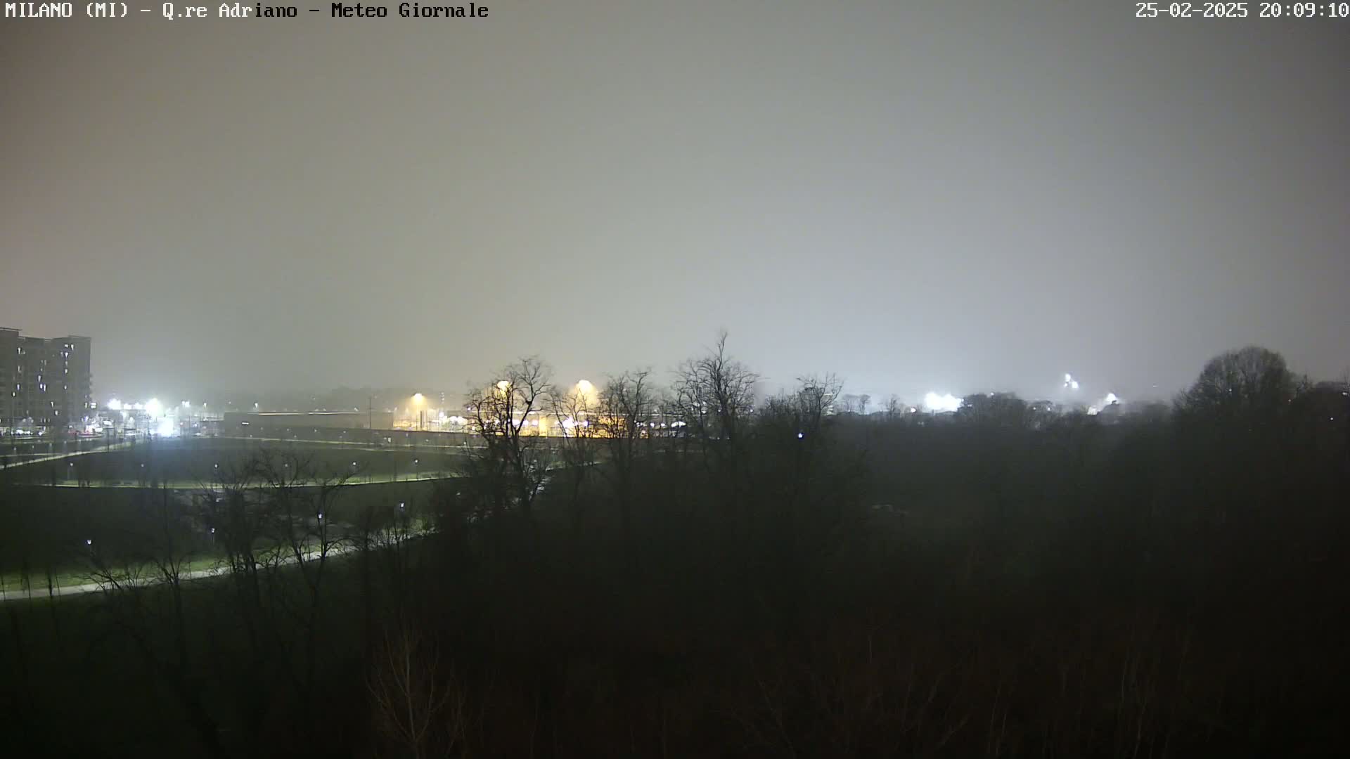 A foggy night scene shows dimly lit buildings and trees, with a park visible in the foreground.