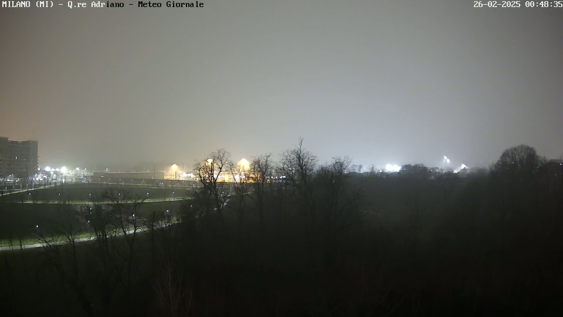 A foggy night scene shows dimly lit buildings and trees, with lights visible in the distance.