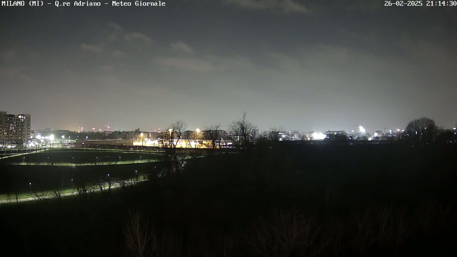 A nighttime view of a city skyline dimly lit under a cloudy sky, seen from across a dark expanse of parkland.