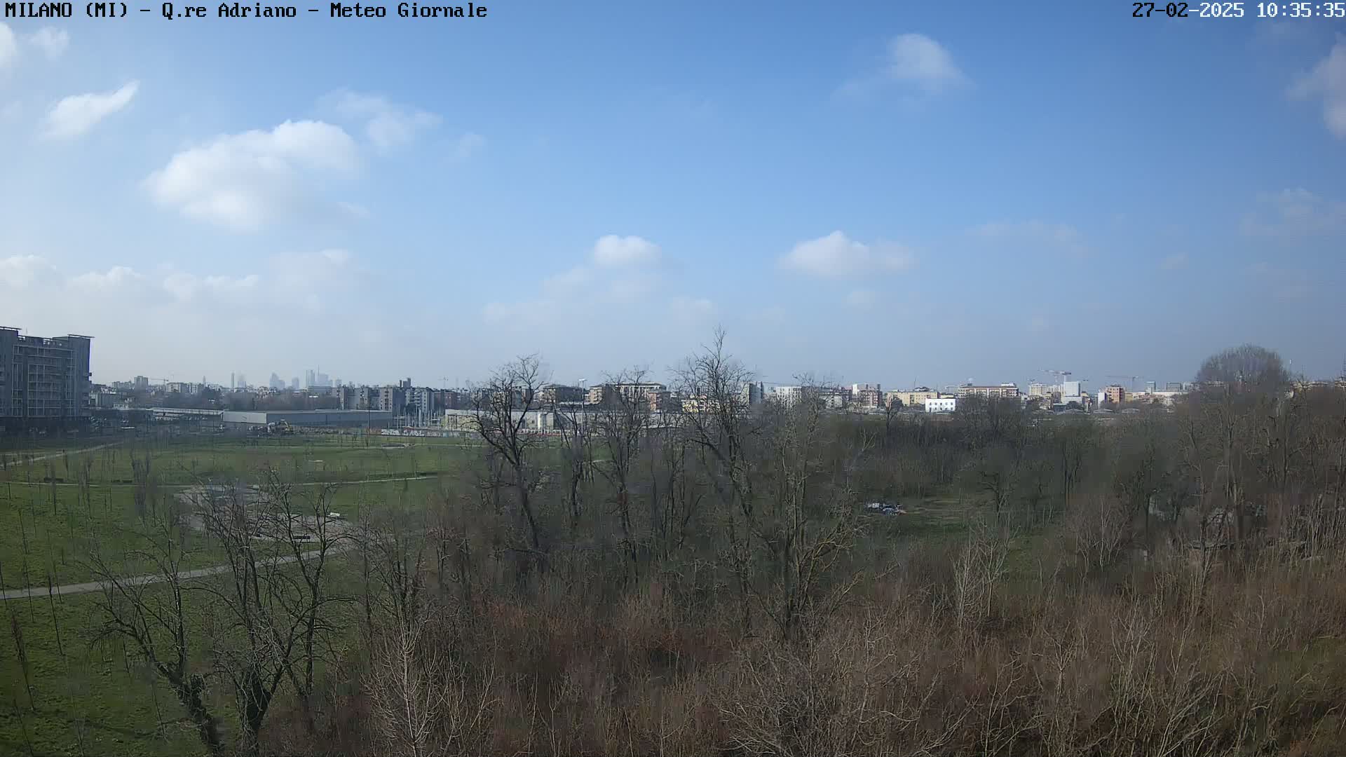 A mostly sunny day reveals a cityscape beyond a park with leafless trees and patchy green grass.