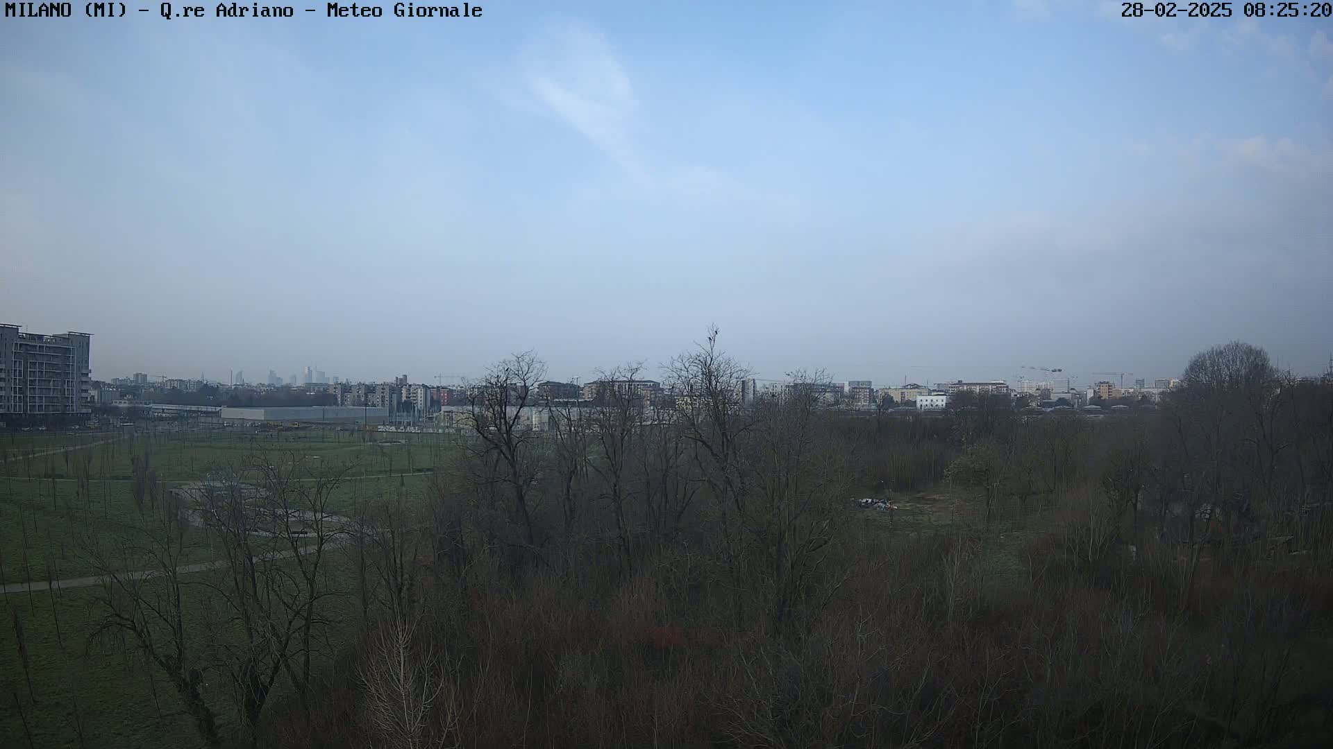 A mostly clear sky overlooks a flat expanse of parkland with bare winter trees, a large building in the middle ground, and a city skyline in the distance.