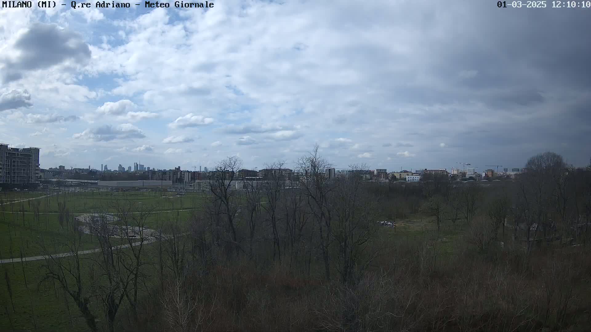 A partly cloudy day reveals a city skyline in the distance, viewed from across a park-like area with leafless trees and patchy grass.