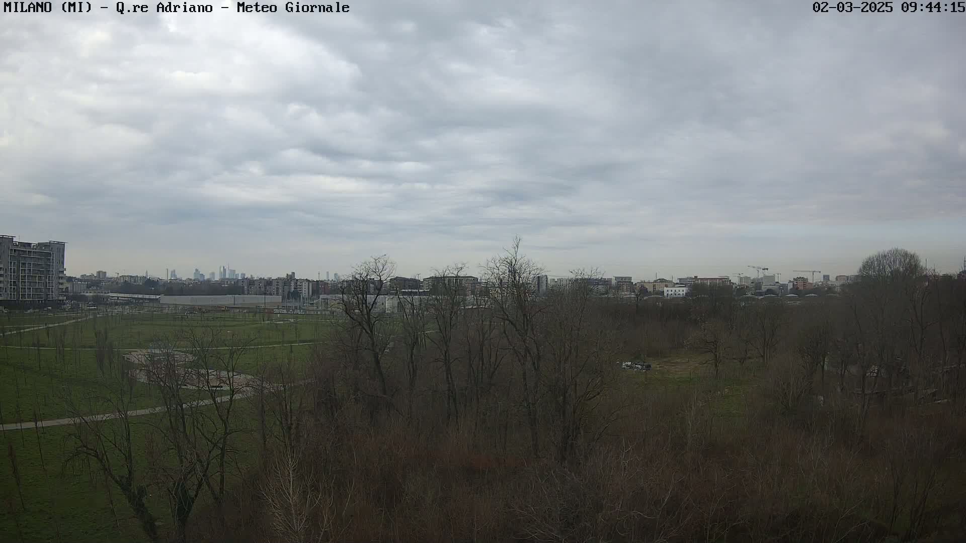 A view of a park with leafless trees and a city skyline under a cloudy sky.