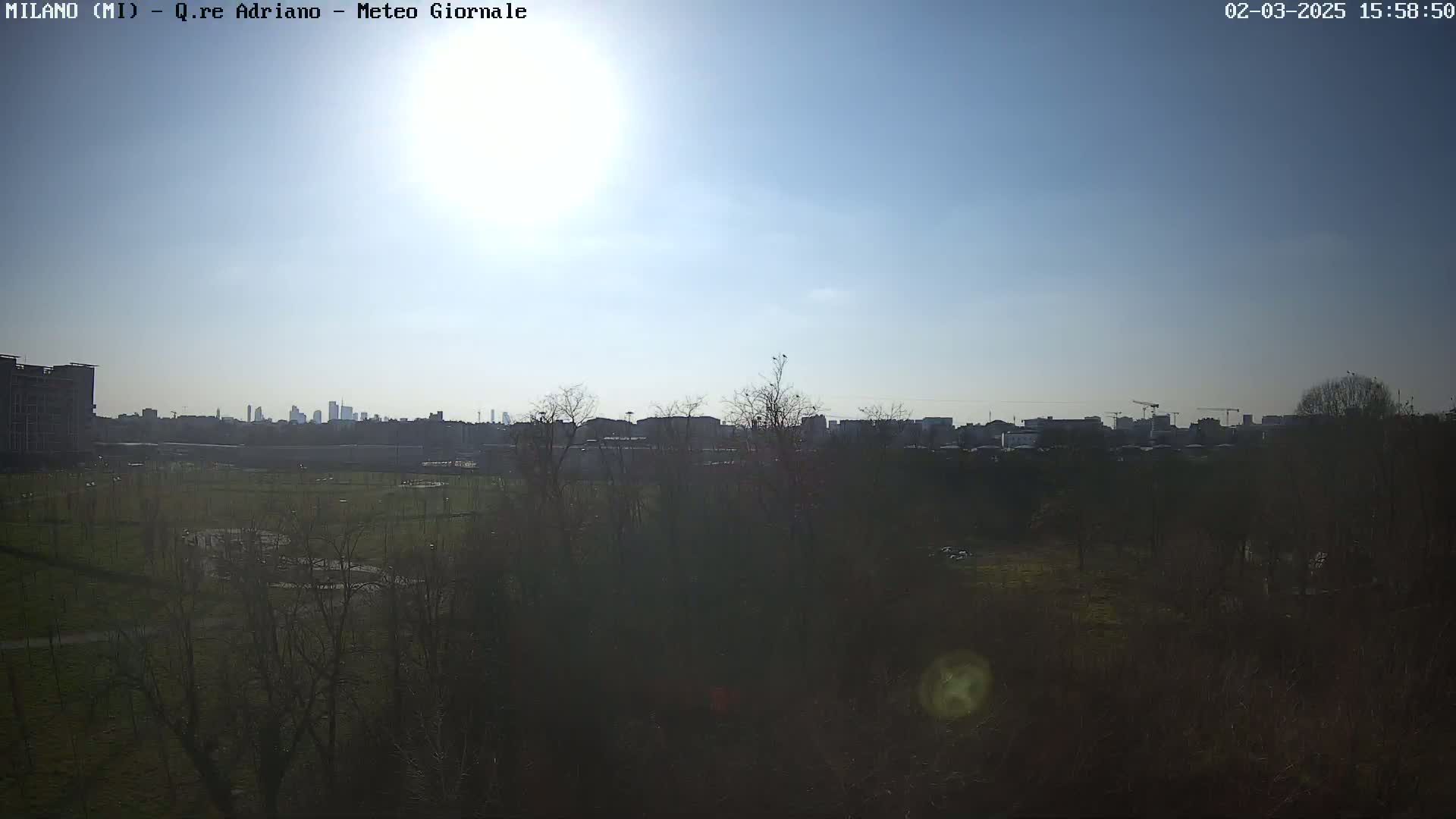 A sunny, clear day reveals a cityscape in the distance, partially obscured by a foreground of bare trees and a grassy field.