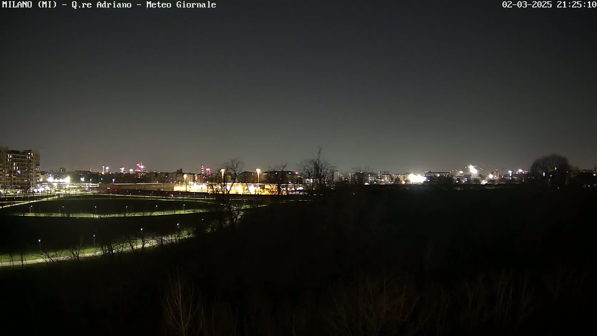 A nighttime view of a city skyline across a dark, sparsely vegetated area, under a clear, dark sky.