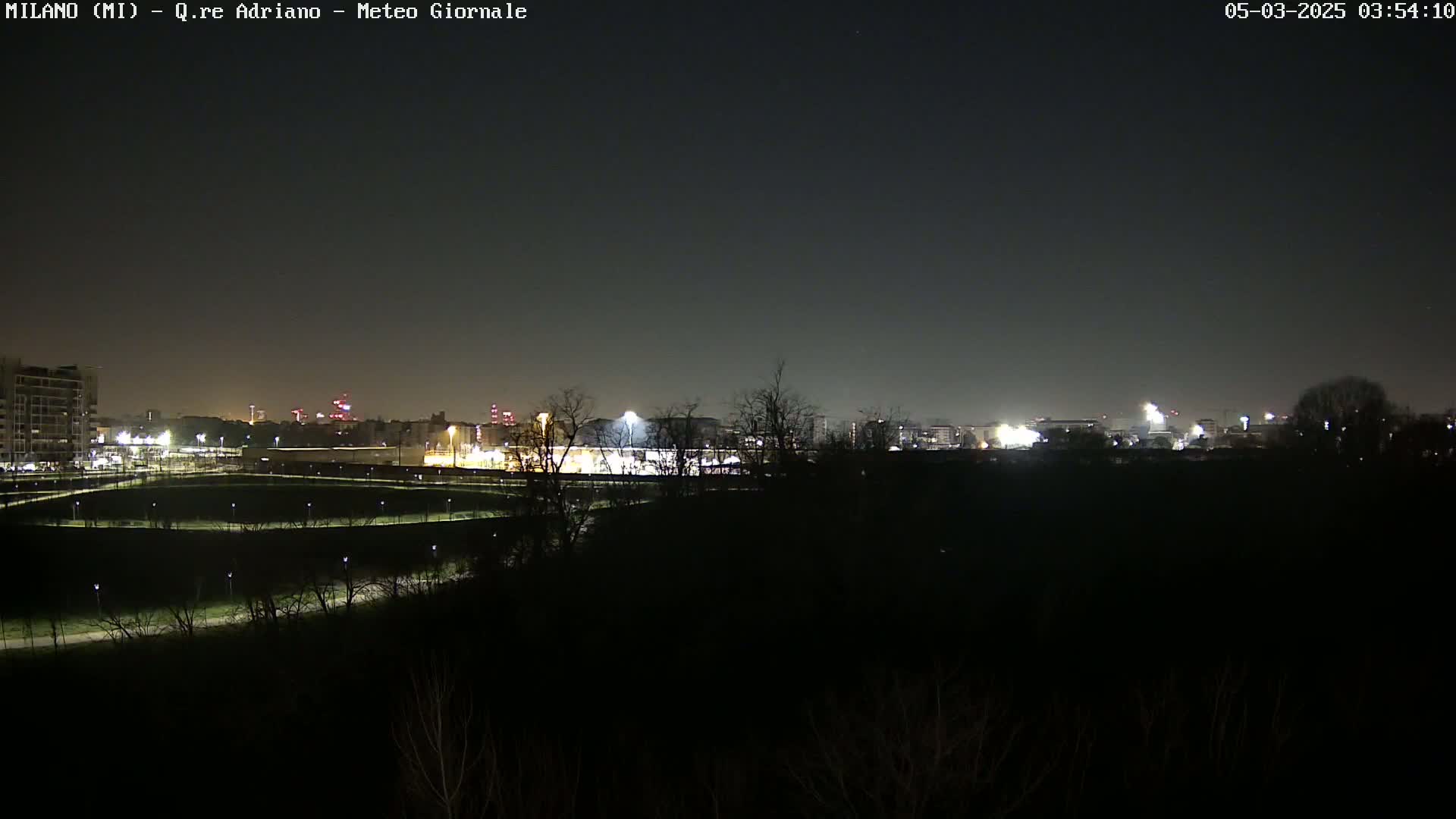 A nighttime view of a city skyline with illuminated buildings and a sports field, partially obscured by dark trees in the foreground, under a clear, dark sky.