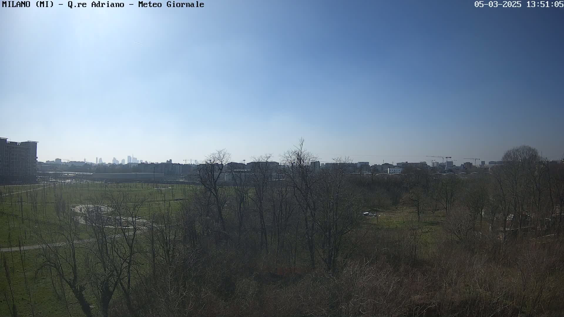A clear, sunny day reveals a park-like area with leafless trees and a distant cityscape under a bright blue sky.