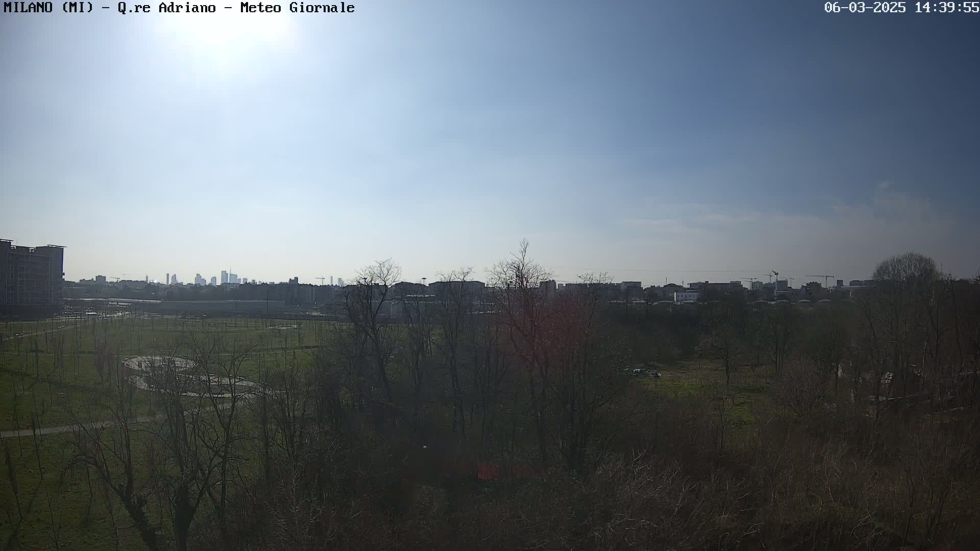 A mostly sunny day reveals a view of a park with bare trees and a city skyline in the distance.