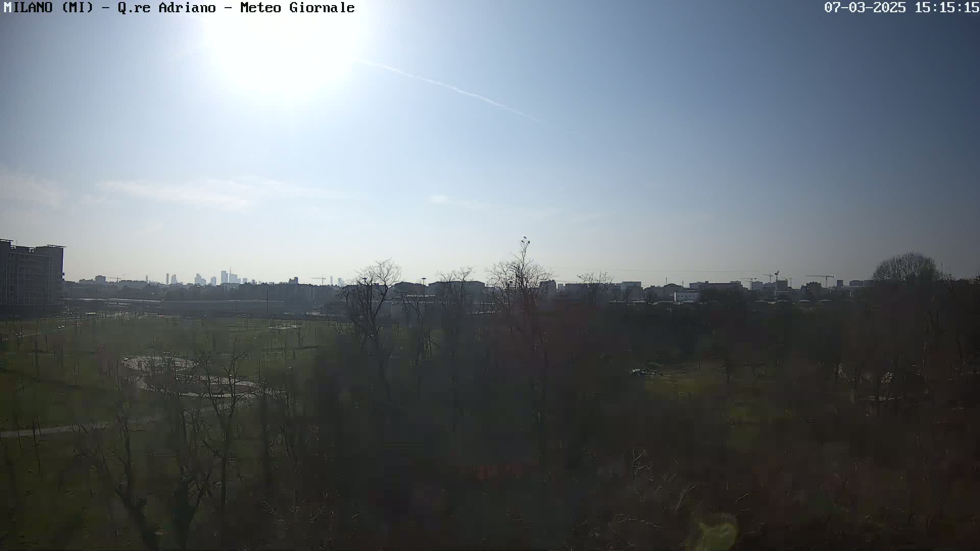 A mostly sunny day reveals a cityscape in the distance, partially obscured by a foreground of leafless trees and a grassy field.