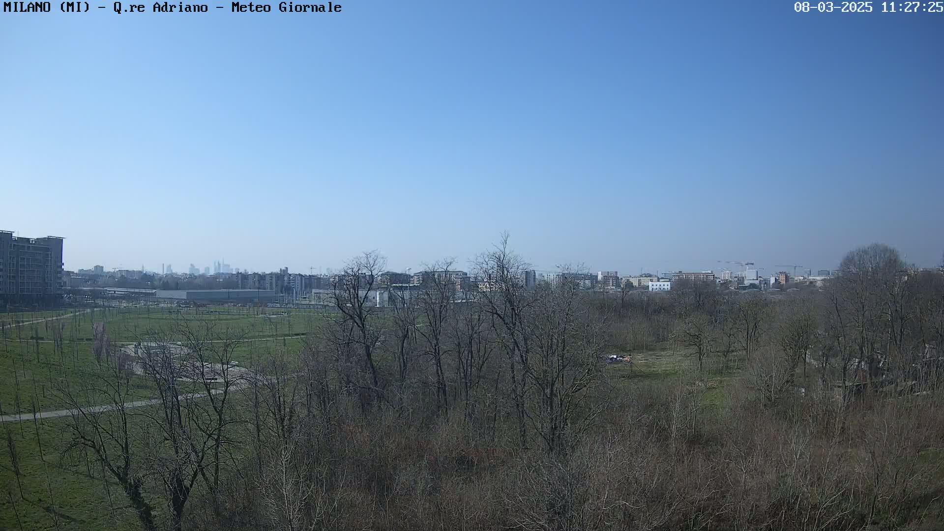 A clear, sunny day reveals a cityscape in the distance, viewed from a park with leafless trees and grassy areas in the foreground.