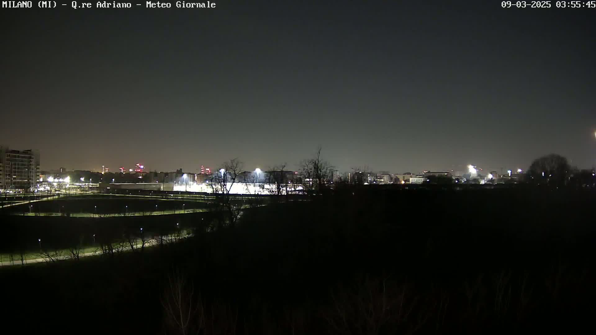 A nighttime view of a city skyline and a dark, tree-filled landscape under a clear, dark sky.