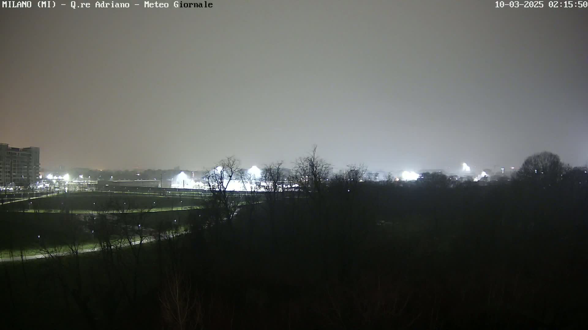 A nighttime view of a park and buildings under a hazy, dark sky.
