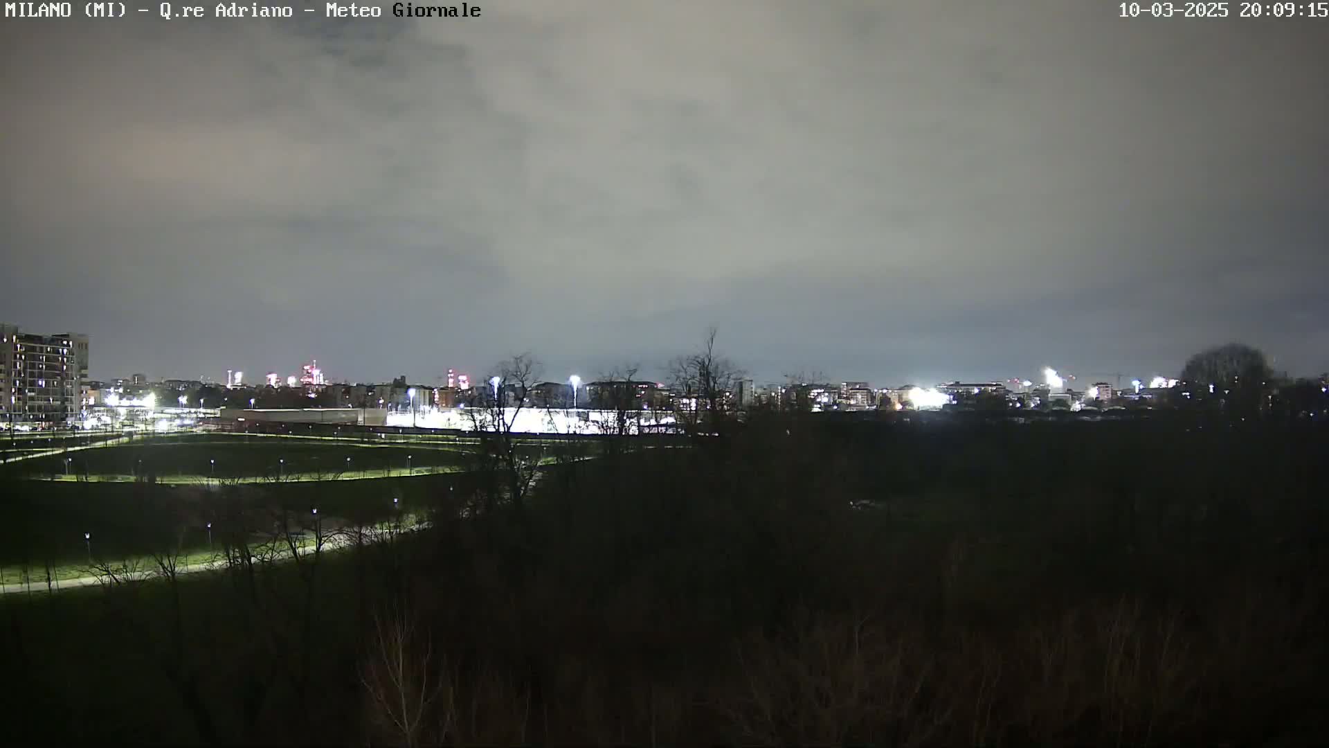 A nighttime view of a city skyline across a dark, grassy expanse under a cloudy sky.