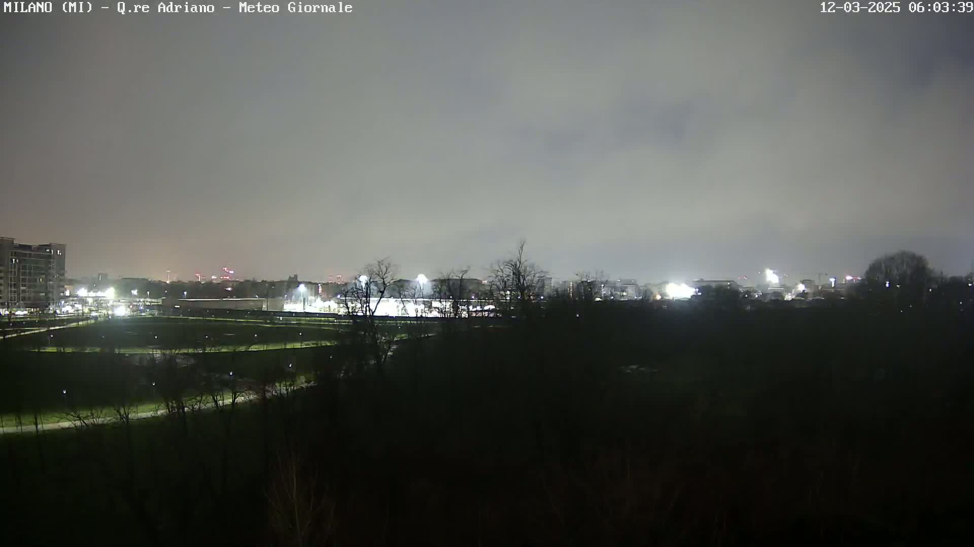 A nighttime view of a park and city skyline under a cloudy sky, with lights illuminating a sports field in the mid-ground.