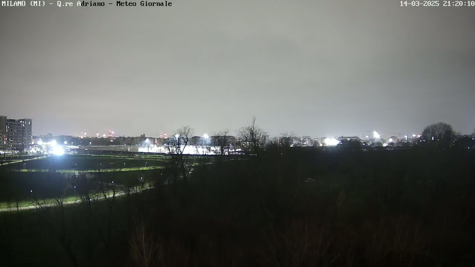 A nighttime view of a city skyline across a dark, sparsely vegetated area under a cloudy, gray sky.