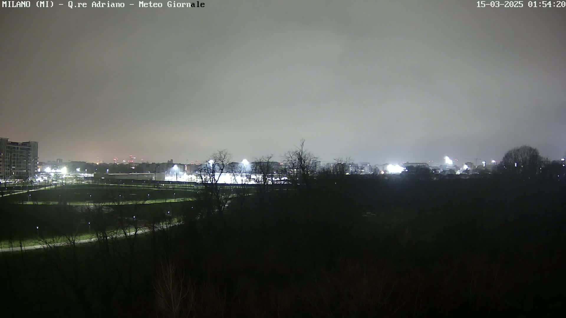 A nighttime view of a park and city skyline under an overcast sky.