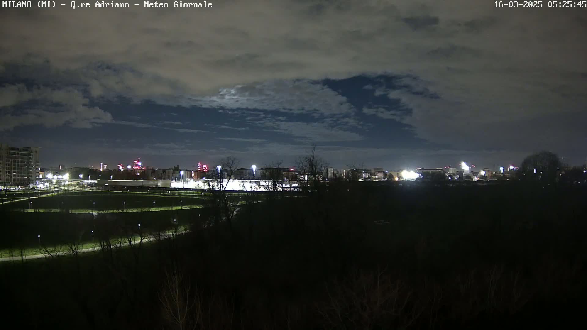 A nighttime view of a city skyline partially obscured by trees and a field under a partly cloudy sky.