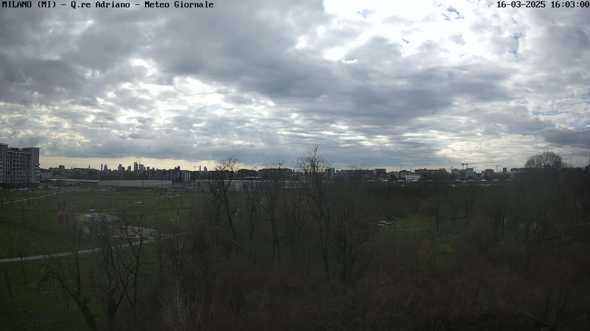 A partly cloudy sky overlooks a grassy park with bare trees, beyond which a city skyline is visible in the distance.