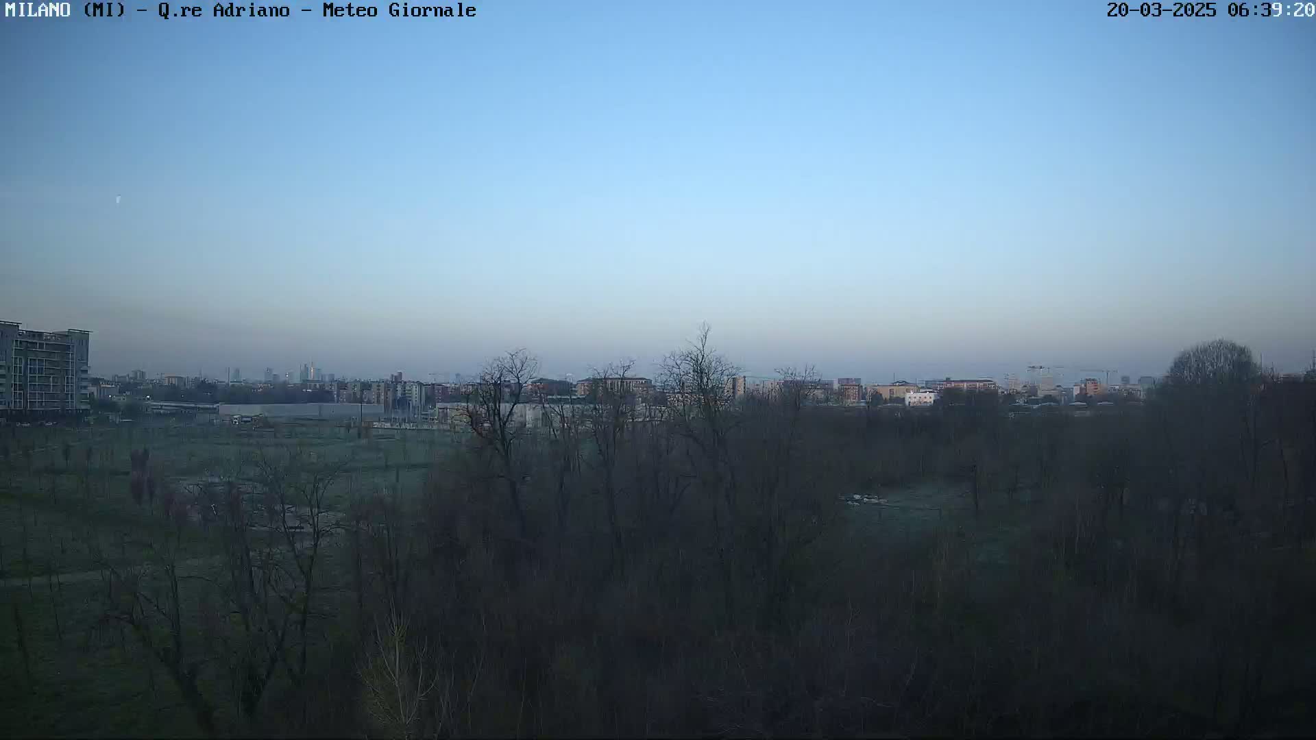 A clear, twilight sky overlooks a flat expanse of leafless trees and distant buildings.