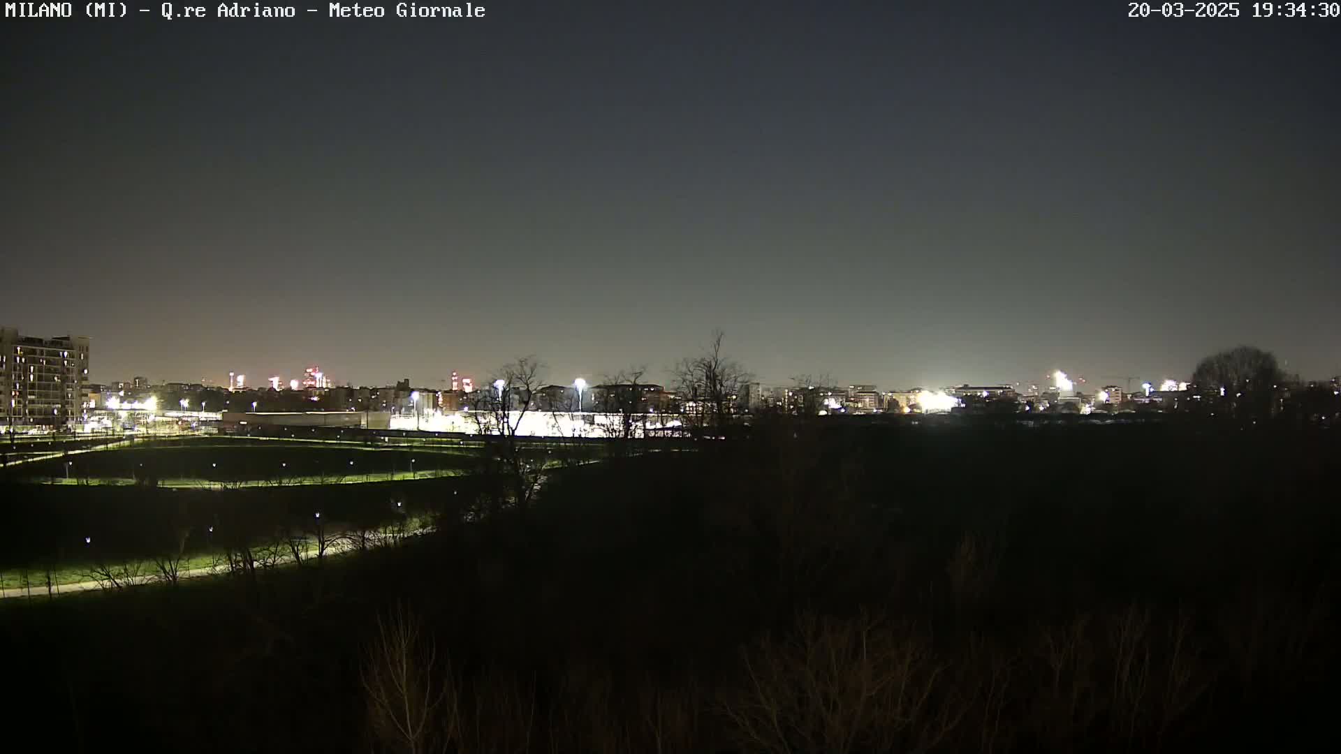 A nighttime view of a city skyline illuminated by artificial lights, across a dark expanse of trees and a park with curving paths.