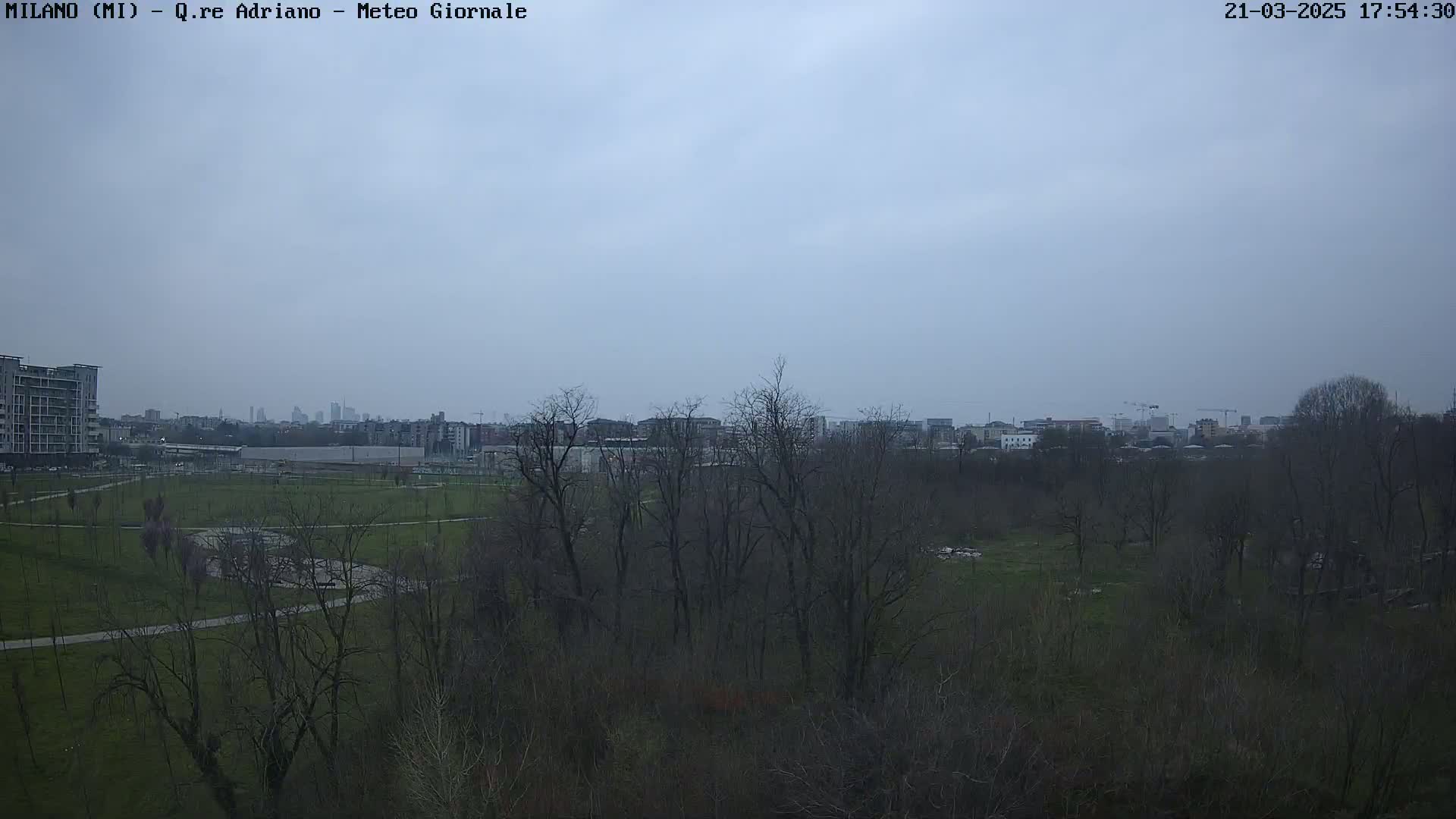 A view of a park with leafless trees and buildings in the distance under an overcast sky.