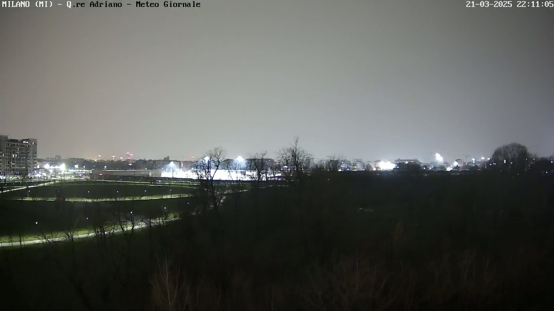 A nighttime view of a city skyline and a dark, grassy field, under a cloudy, gray sky.