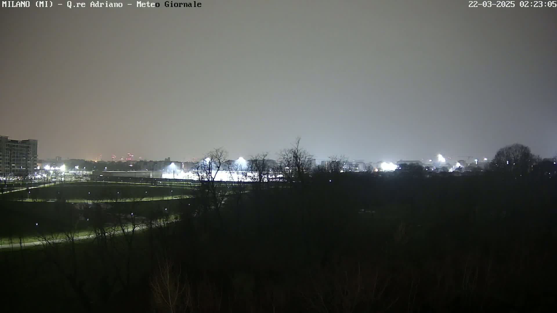 A nighttime view of a city skyline with dimly lit buildings and a brightly lit field or stadium beyond a dark, silhouetted line of trees under a hazy sky.