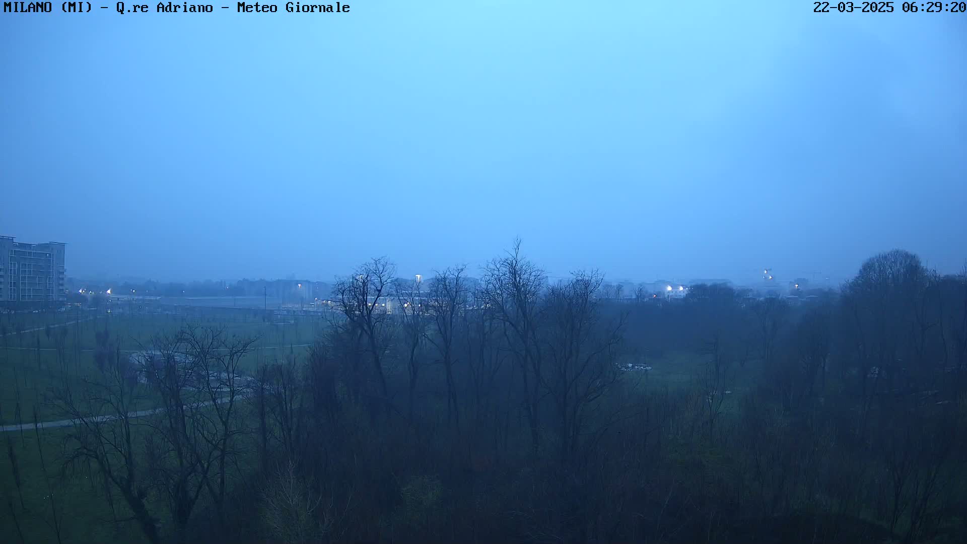 A hazy, pre-dawn view shows a flat expanse of parkland with bare trees and a distant city skyline under a twilight blue sky.
