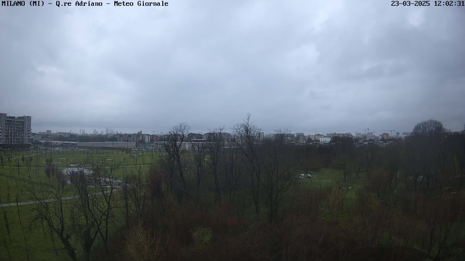 A view of a park with leafless trees under a cloudy sky, overlooking a cityscape in the distance.