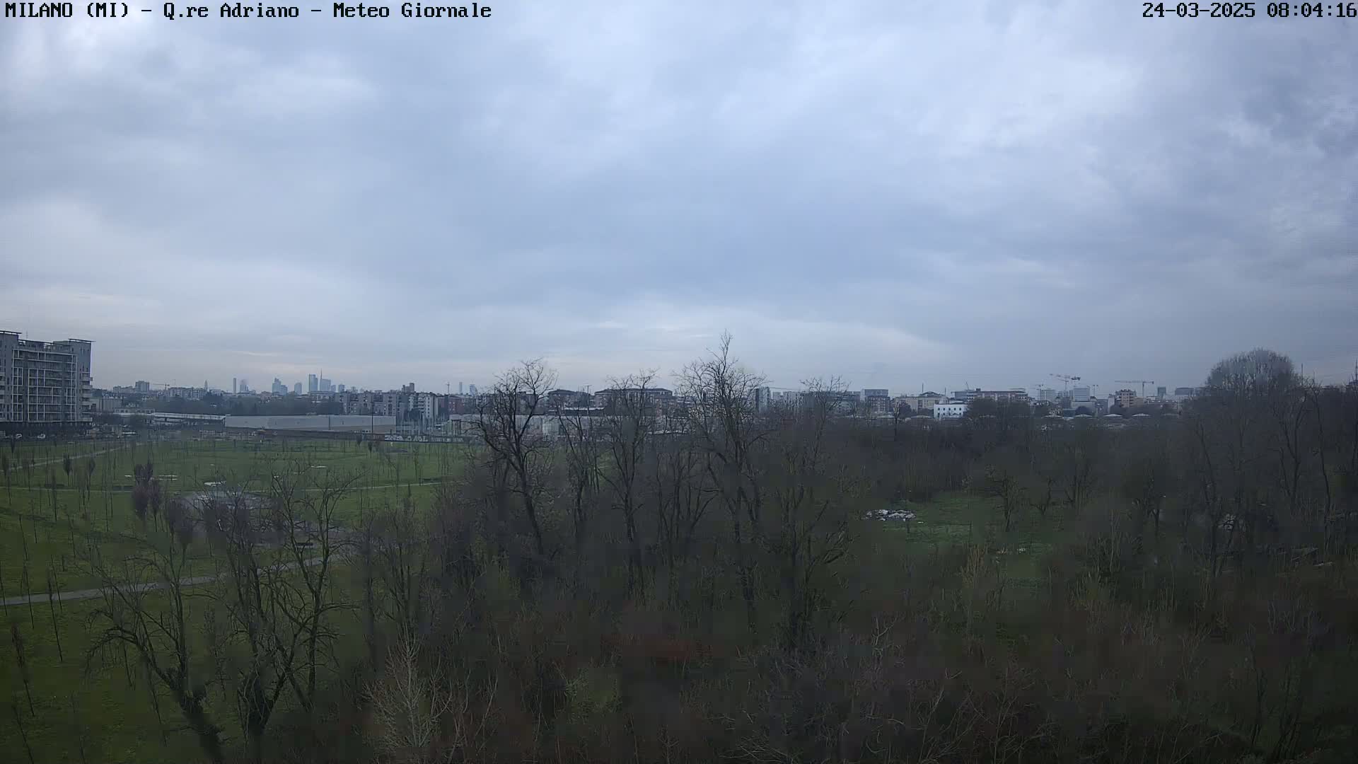 A mostly cloudy sky overlooks a park with leafless trees and a distant cityscape.