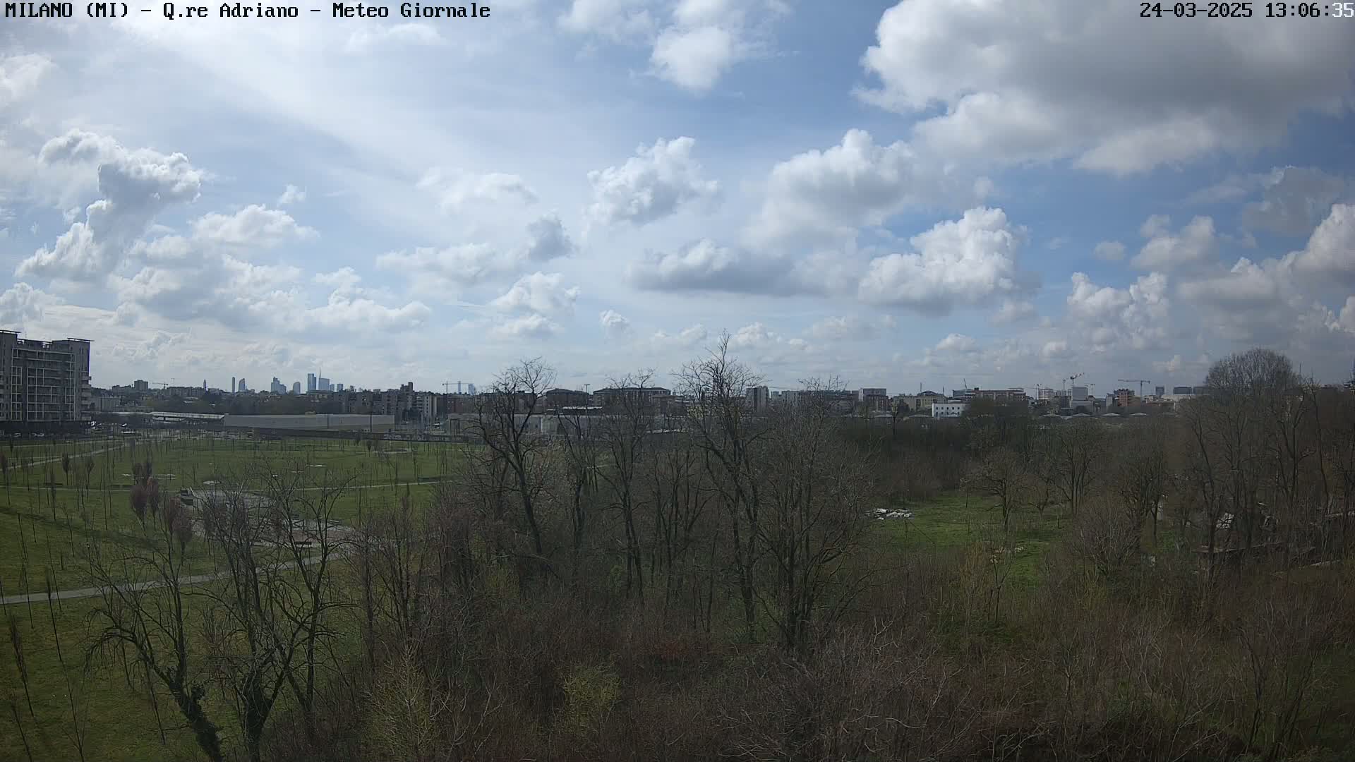 A partly cloudy sky overlooks a grassy park with bare trees, beyond which is a cityscape under a mostly blue sky.