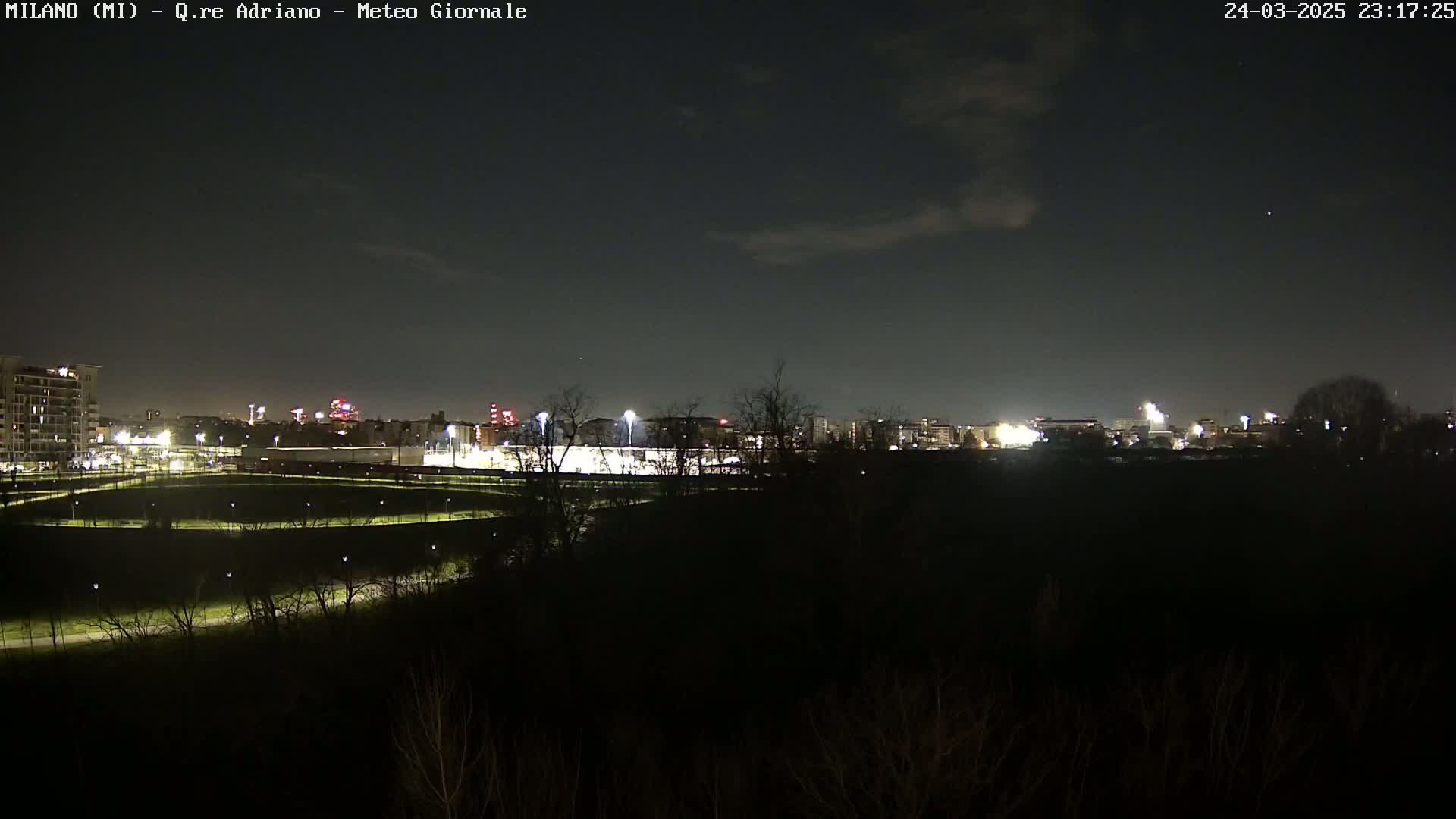 A nighttime view of a city skyline with a park in the foreground under a mostly clear sky.