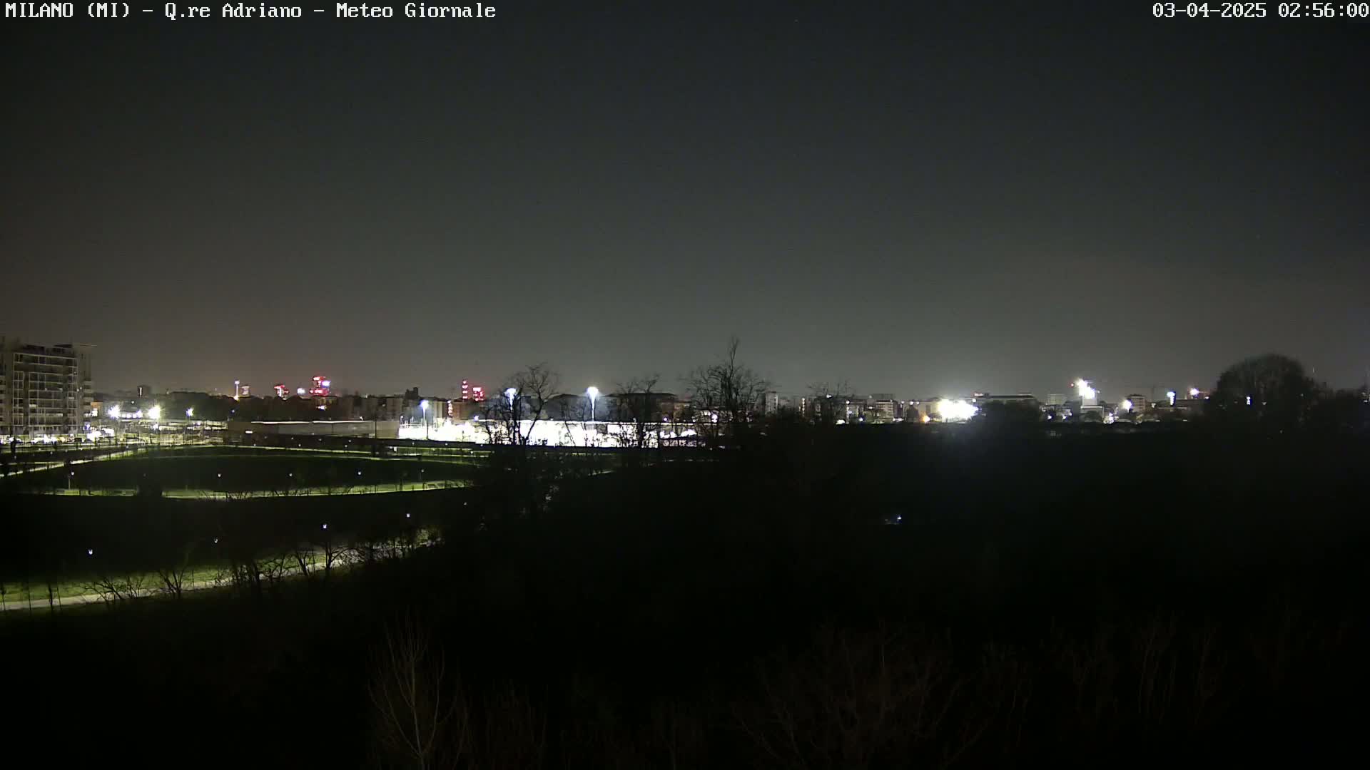A nighttime view of a city skyline beyond a dark, sparsely lit park or field under a clear, dark sky.