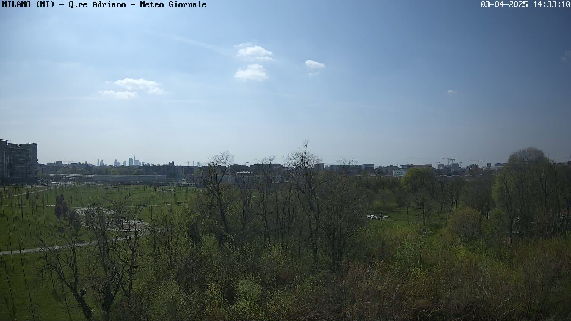 A mostly sunny day reveals a cityscape in the distance beyond a park with budding trees and green grass.