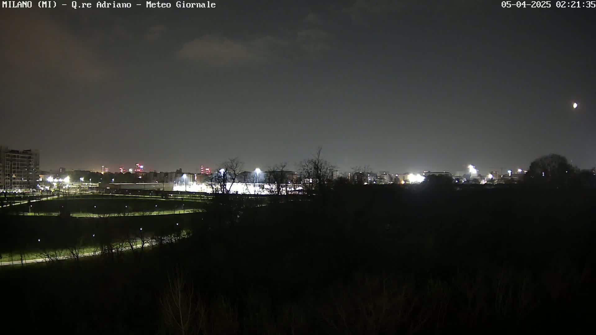 A nighttime long shot of a city skyline and a dark, tree-covered area in the foreground, under a mostly clear, dark sky.