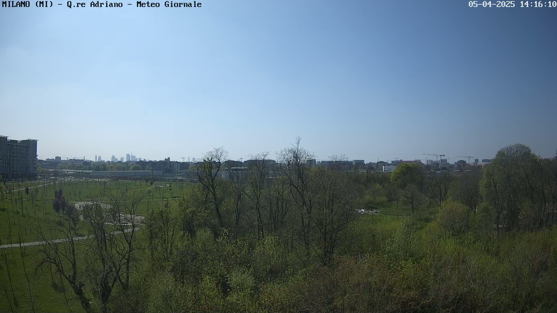 A clear, sunny day reveals a park filled with budding trees, extending to a cityscape in the distance.