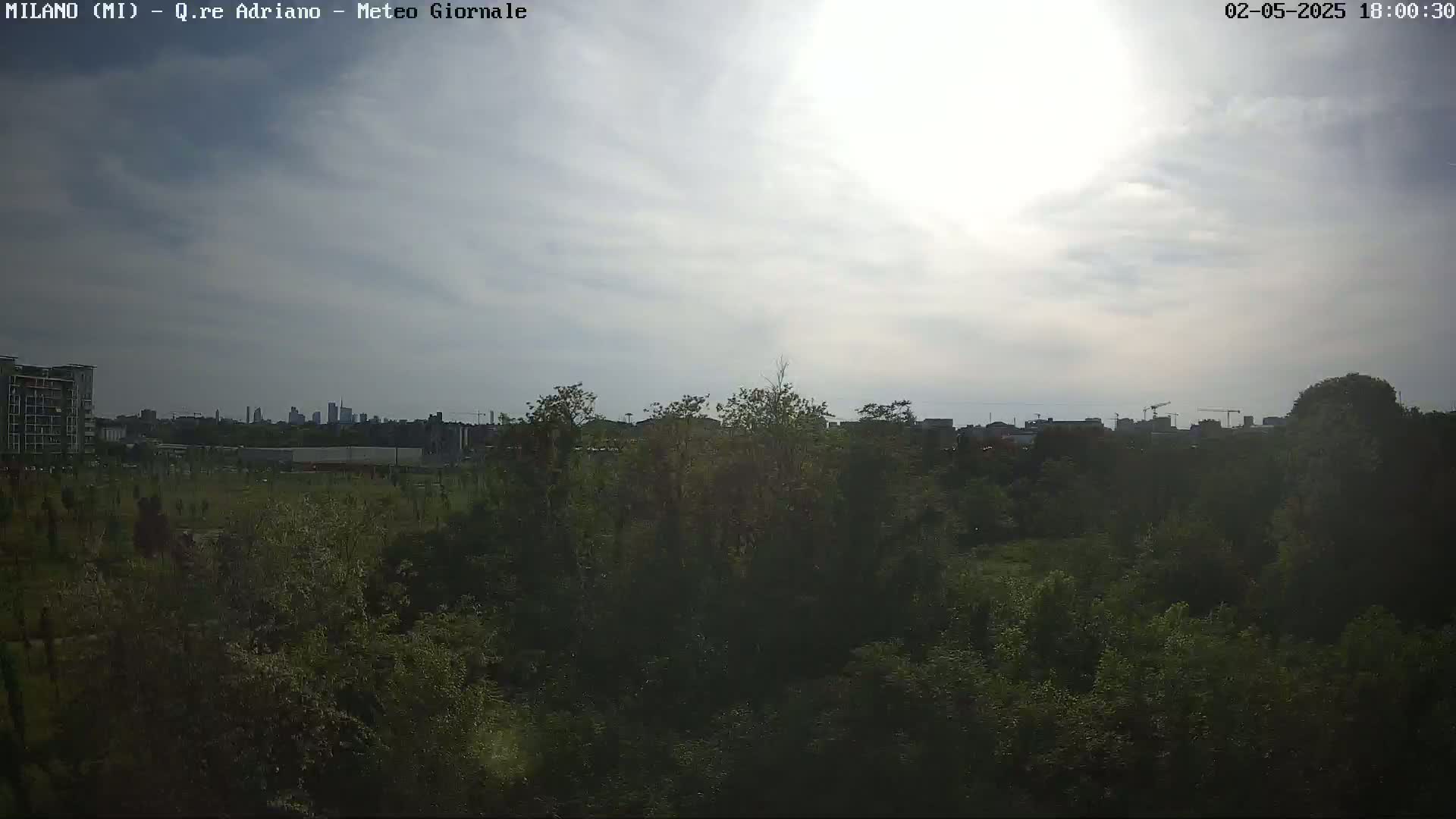 A mostly cloudy sky hangs over a green expanse of trees and bushes, with a cityscape visible in the distance.