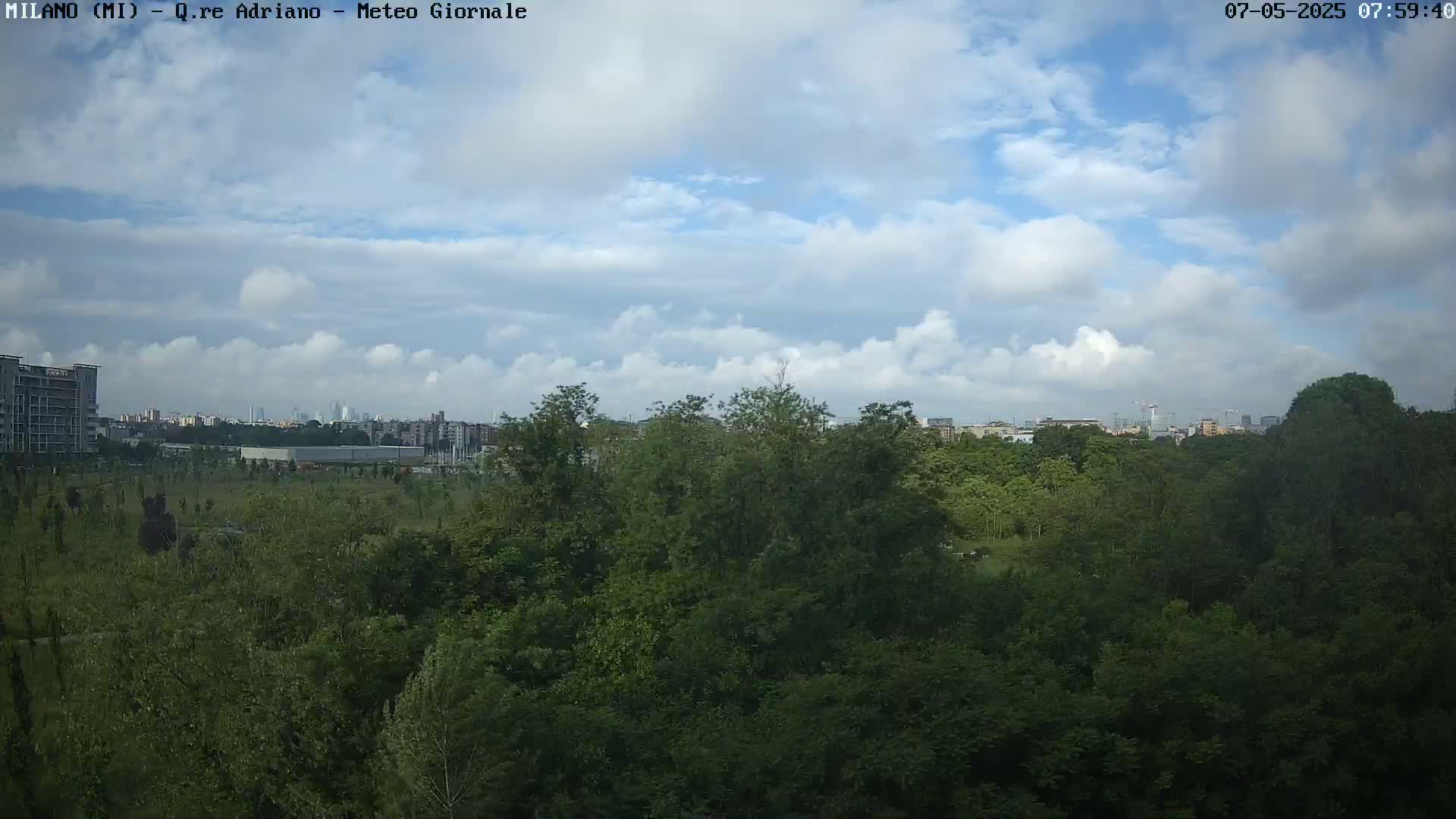 A partly cloudy sky overlooks a lush green park with a city skyline in the distance.