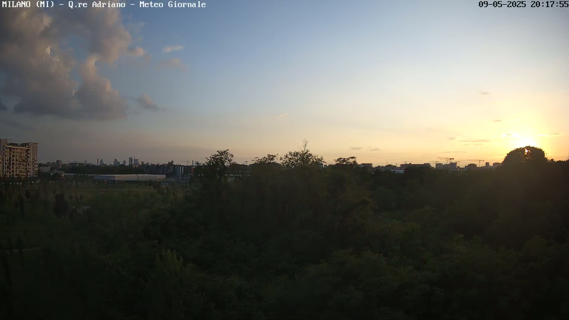 A mostly cloudy sunset illuminates a cityscape beyond a dark, dense line of trees.