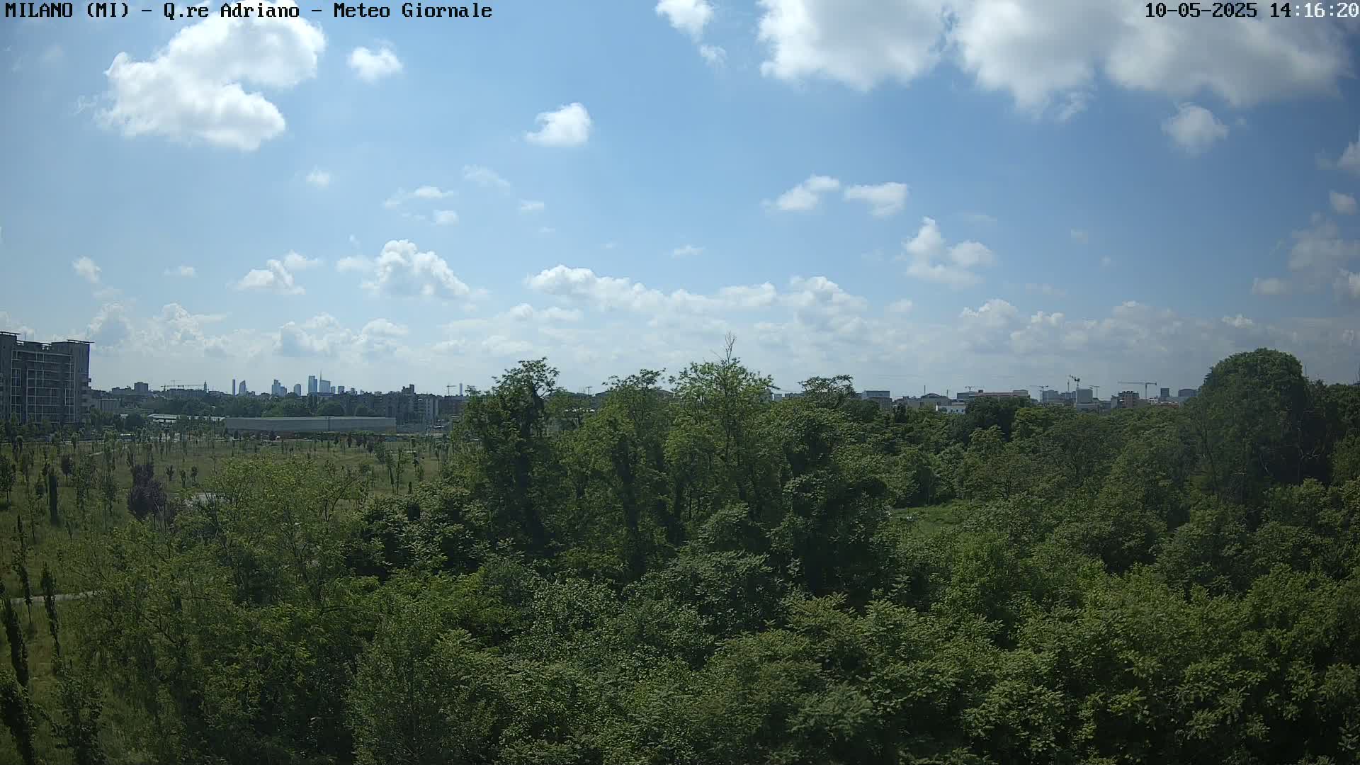 A mostly sunny sky with scattered clouds overlooks a dense, green forest with a cityscape visible in the distance.