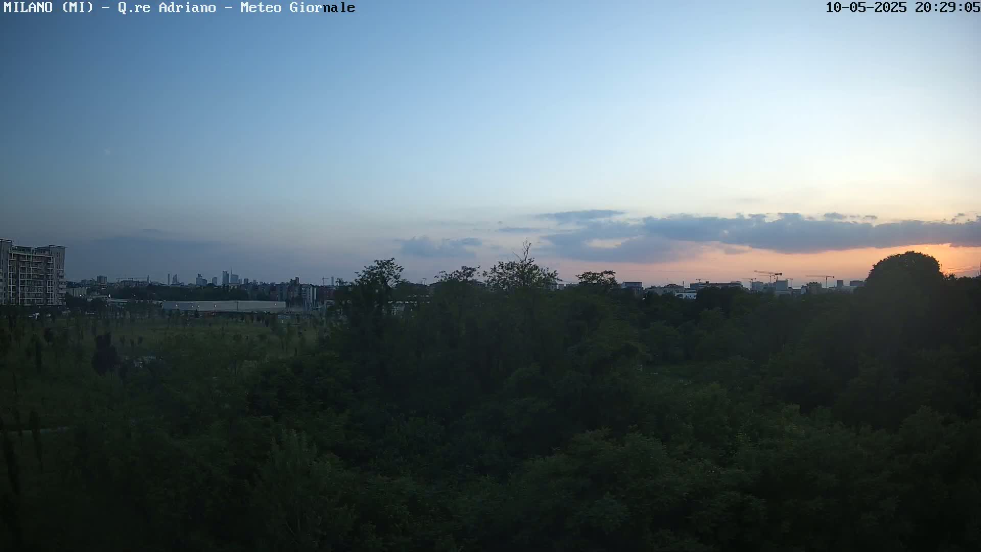 A city skyline is visible at sunset over a dark green expanse of trees.