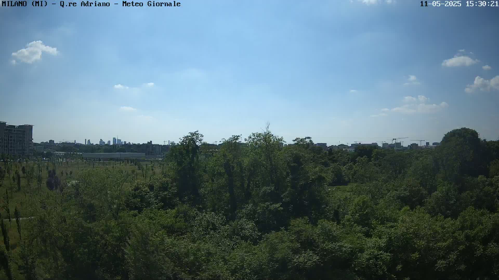 A mostly sunny sky overlooks a dense green forest with a distant cityscape visible on the horizon.