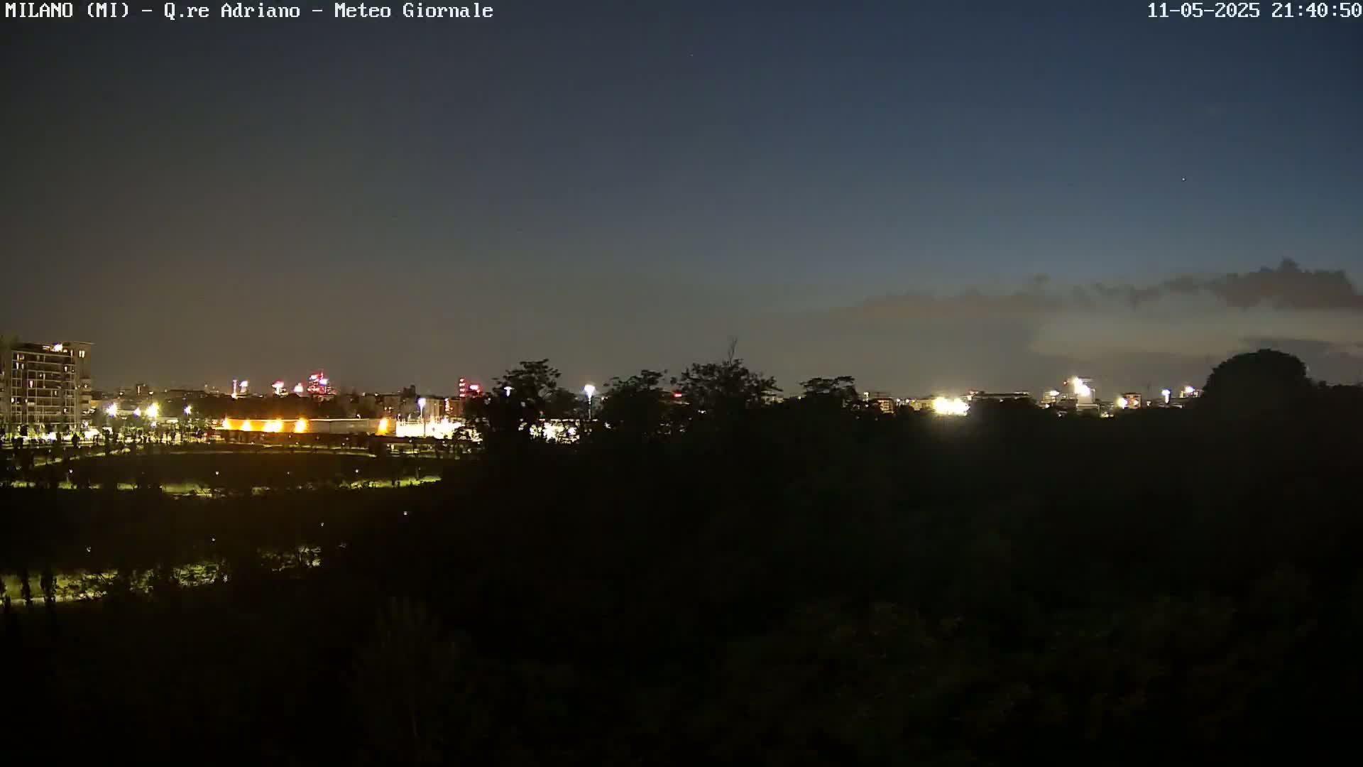 A nighttime view shows a city skyline illuminated with lights behind a dark, silhouetted line of trees under a mostly clear, dark sky.