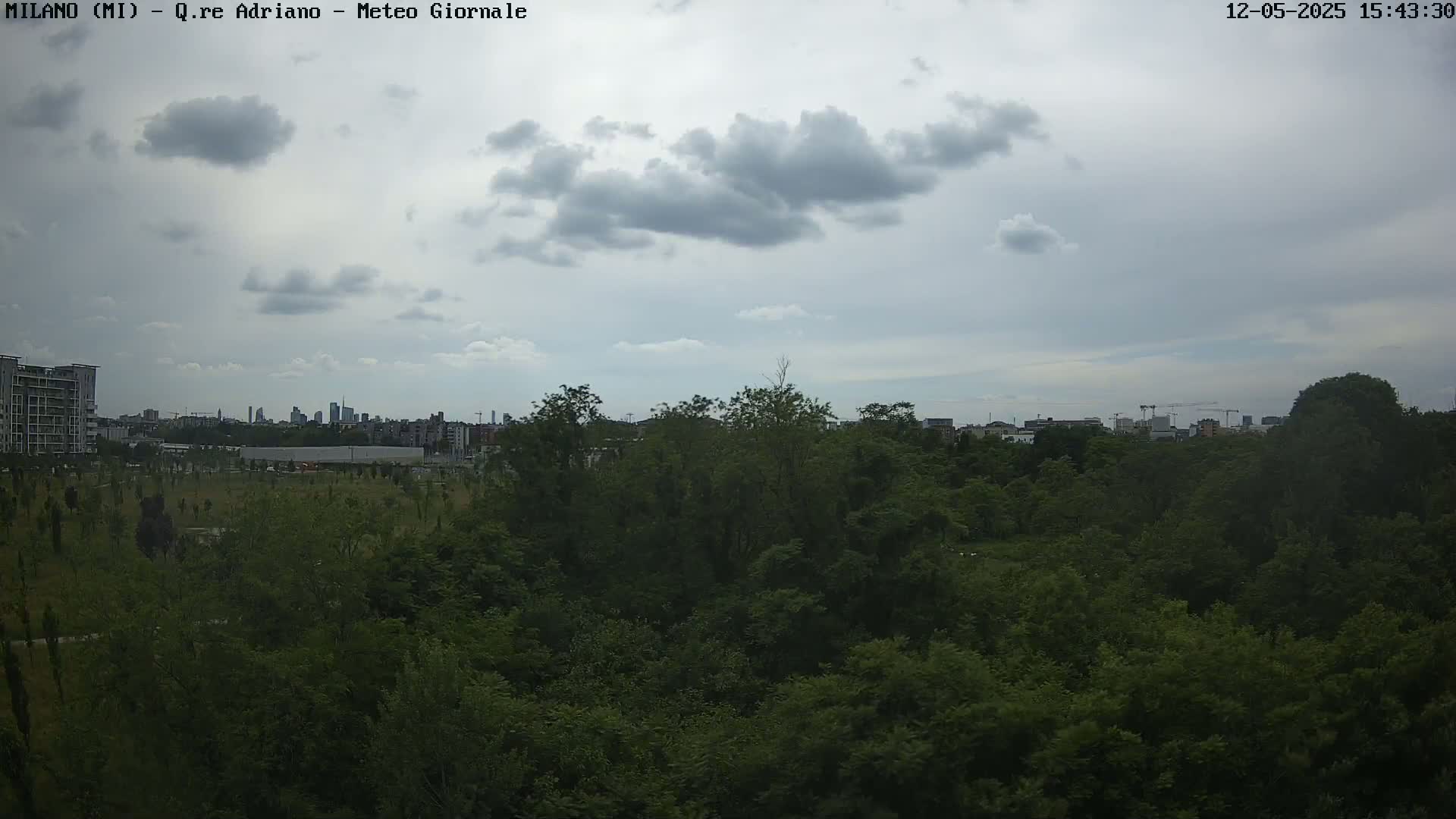A mostly cloudy sky overlooks a dense green forest and a cityscape in the distance.