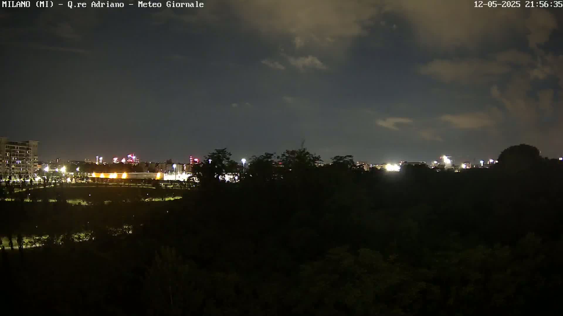 A nighttime view of a city skyline partially obscured by a dark, tree-lined landscape under a partly cloudy sky.
