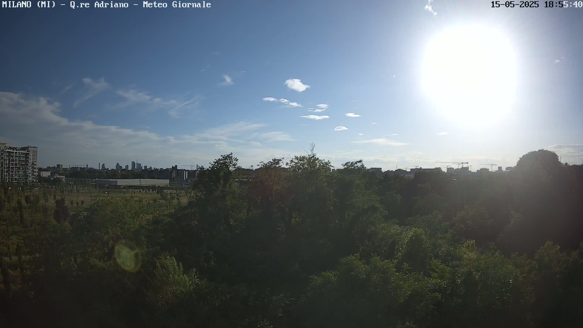 A sunny day with a few clouds reveals a cityscape beyond a dense, green, tree-lined area.